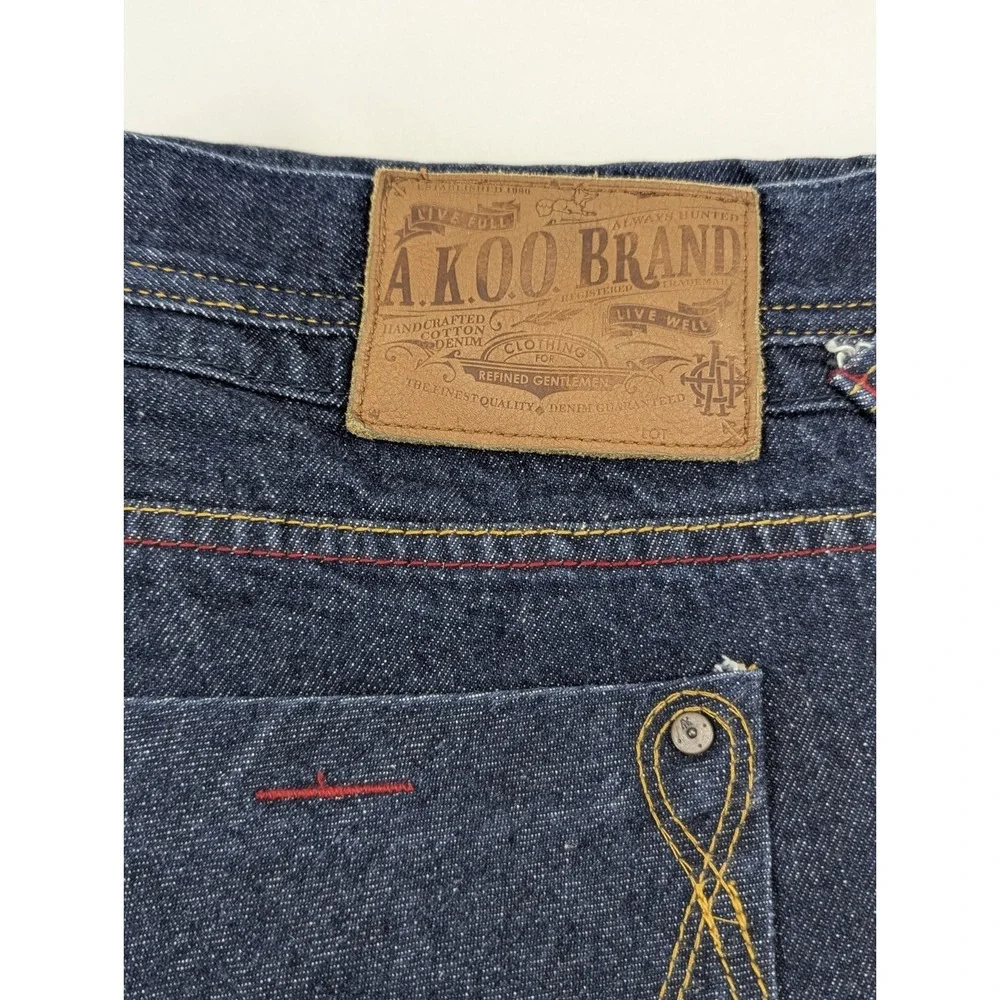 Akoo Jeans Selvedge Denim Dark Mens‎ 40x30 Blue Wide Embroidered Western - Picture 2 of 12